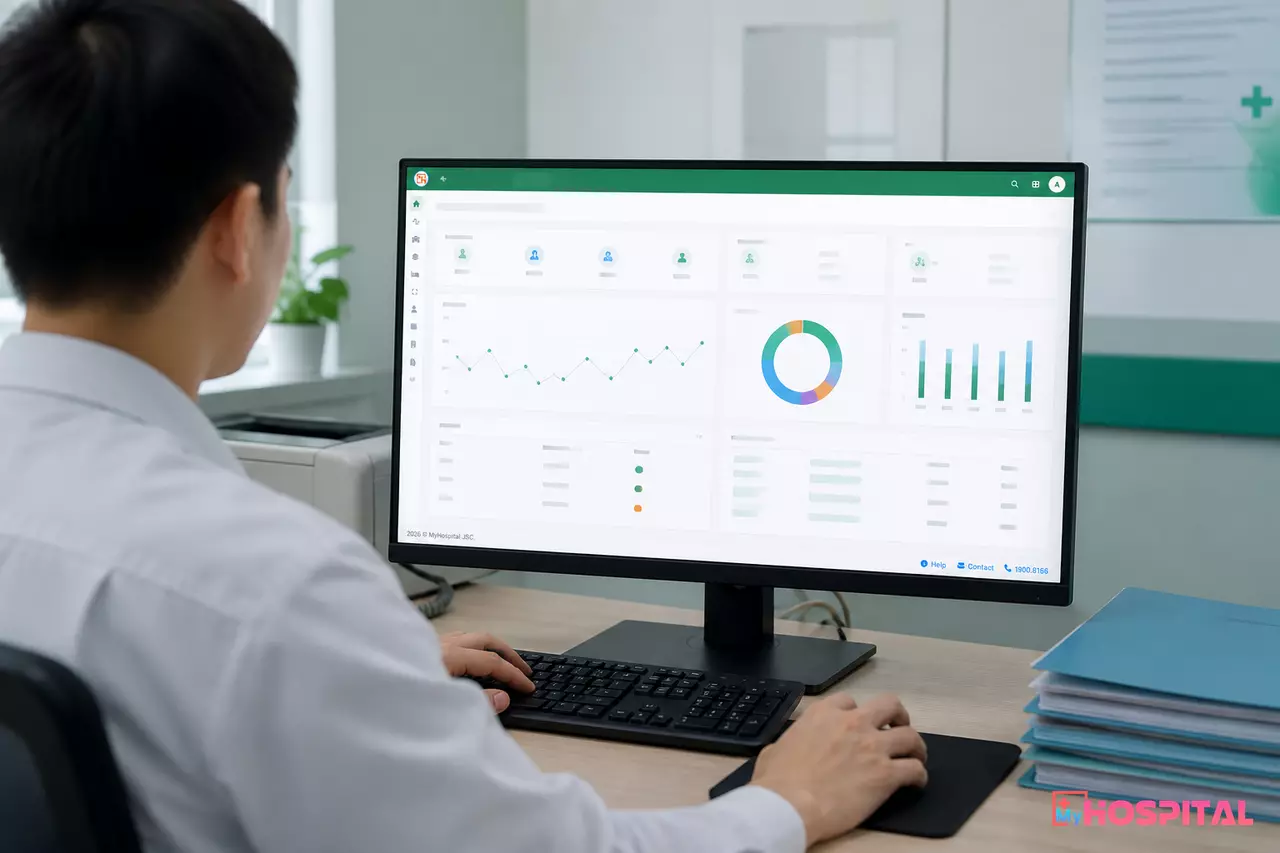 Nhân viên IT bệnh viện nhìn từ sau lưng đang cấu hình bảng giá dịch vụ kỹ thuật trên phần mềm quản lý bệnh viện