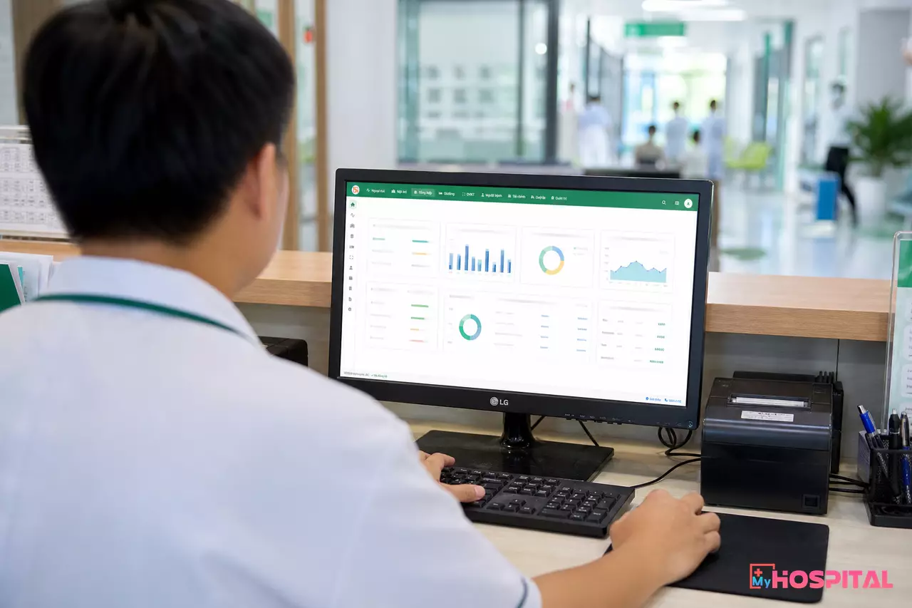 Nhân viên IT bệnh viện cấu hình khổ giấy in mã QR viện phí trên phần mềm