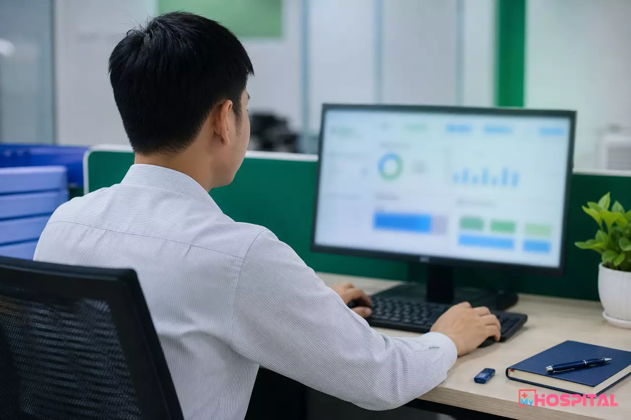 Nhân viên kế toán bệnh viện đang cấu hình máy tính tại phòng viện phí, nhìn từ phía sau lưng