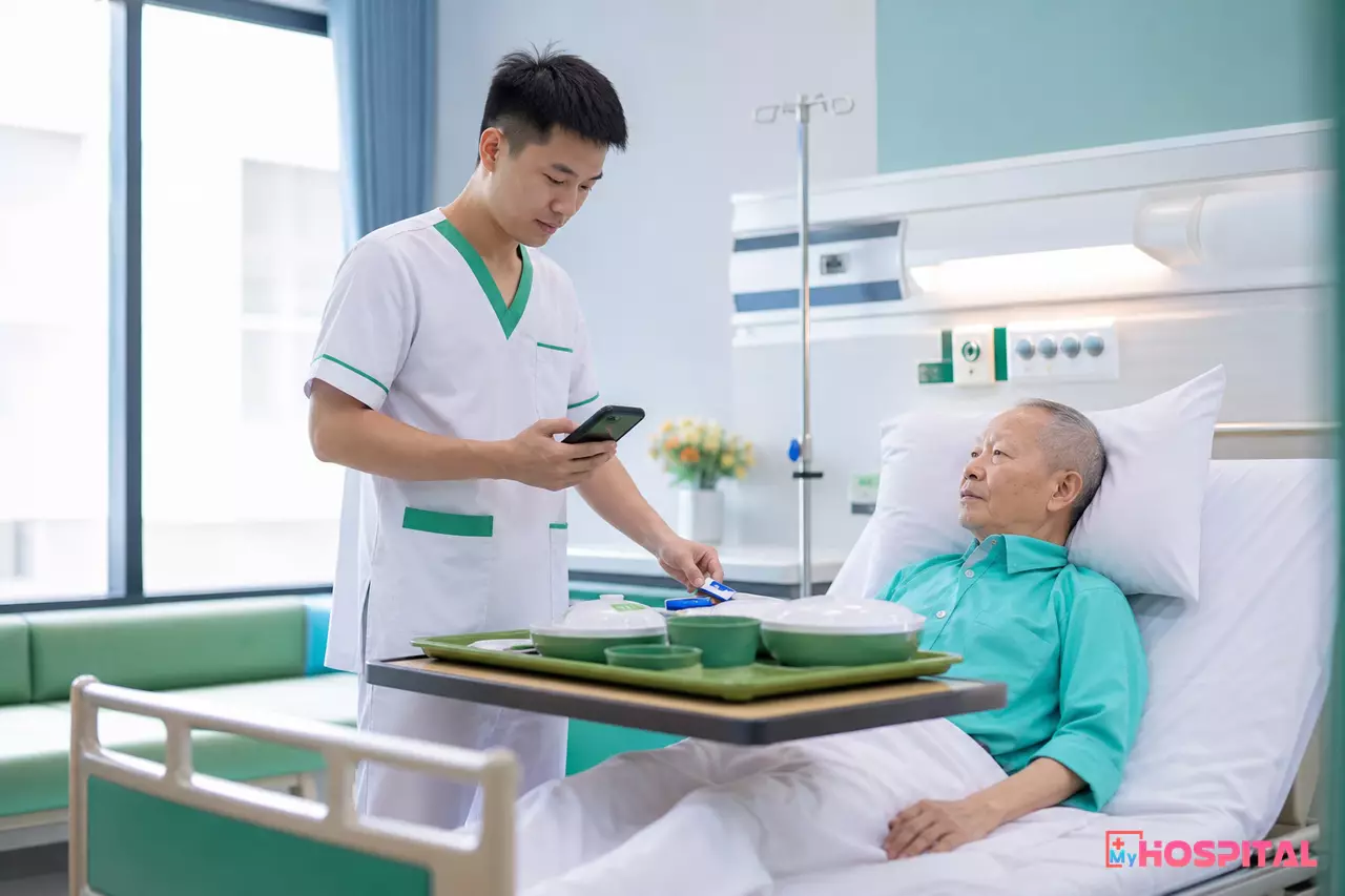 Điều dưỡng quét thẻ trên khay ăn trước khi đặt xuống bàn ăn của người bệnh cao tuổi