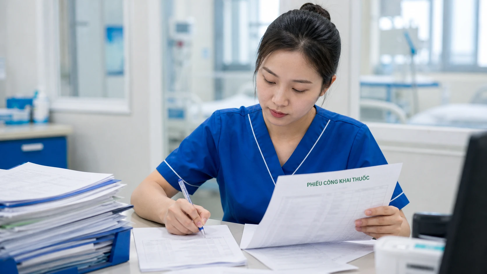 Điều dưỡng chép tay thông tin từ bệnh án giấy