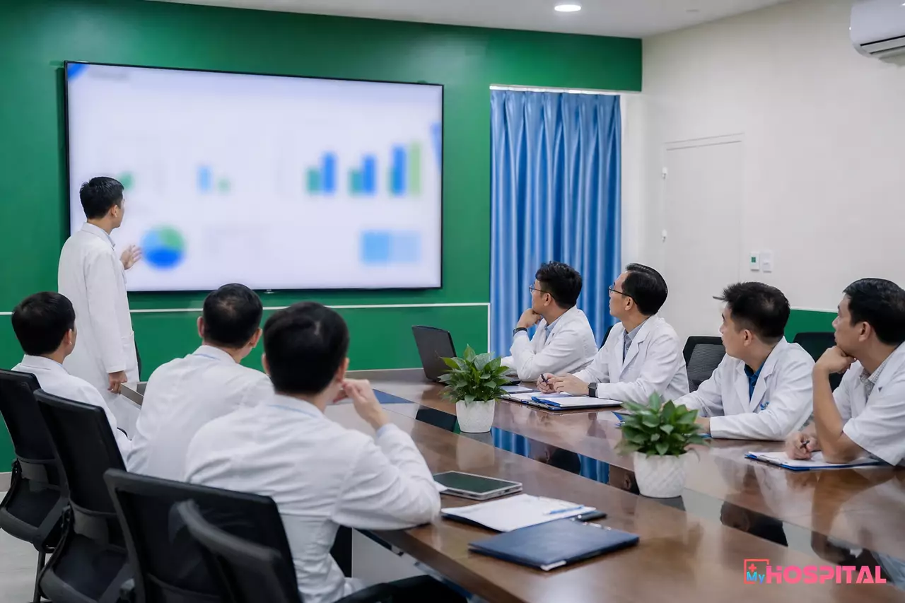 Trưởng phòng kế hoạch tổng hợp trình bày số liệu hôm trước tại giao ban đầu giờ sáng