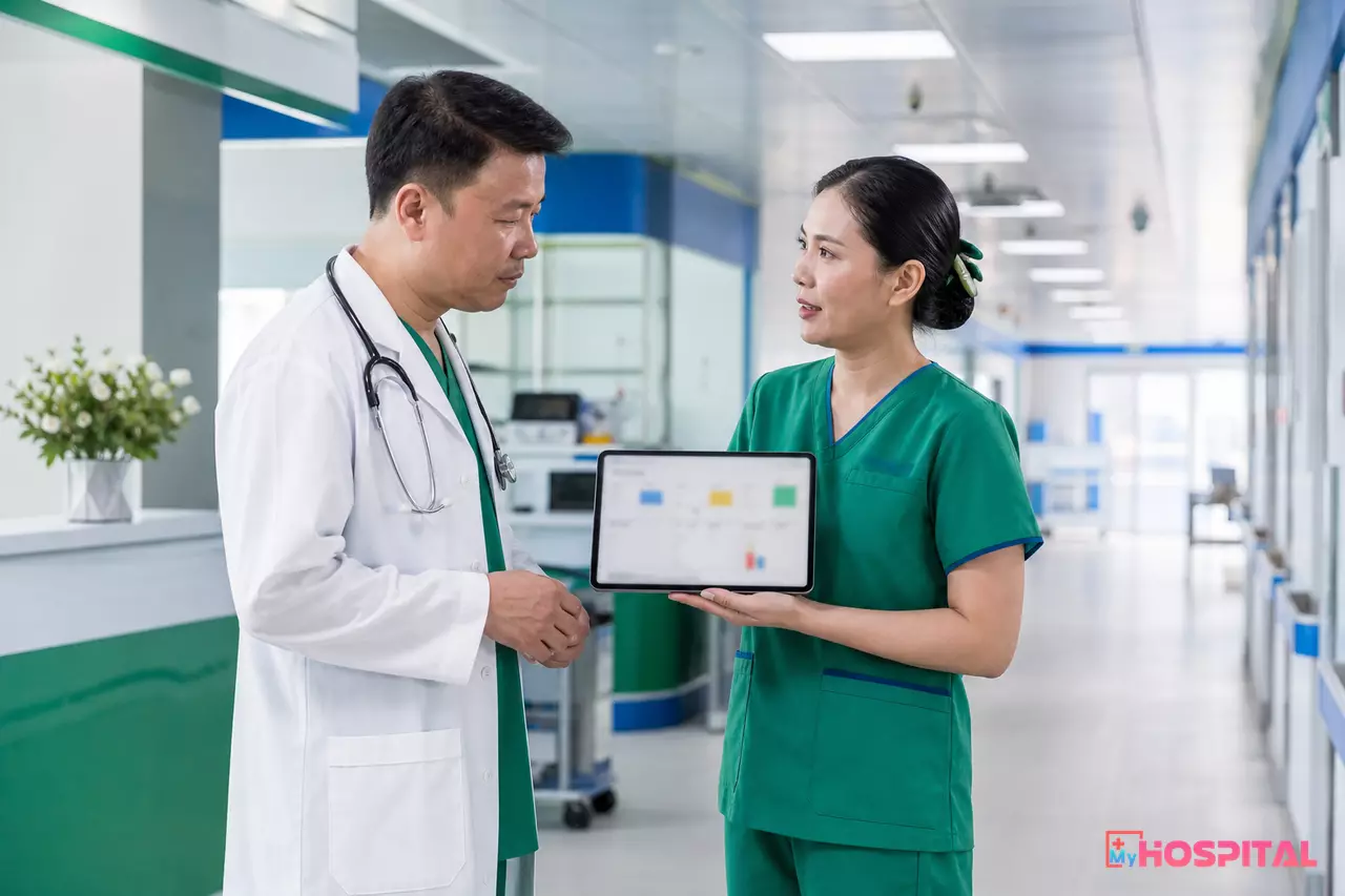 Điều dưỡng trưởng và trưởng khoa nội trú trao đổi về tình hình giường bệnh tại hành lang khoa