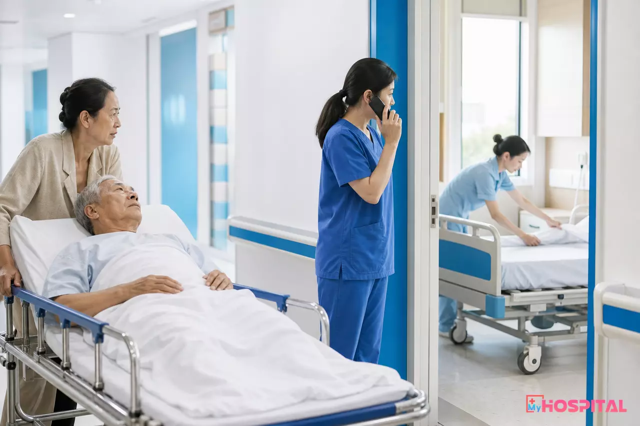 Người bệnh nằm cáng chờ ghép giường ở hành lang khoa nội trú trong khi hộ lý dọn giường trống