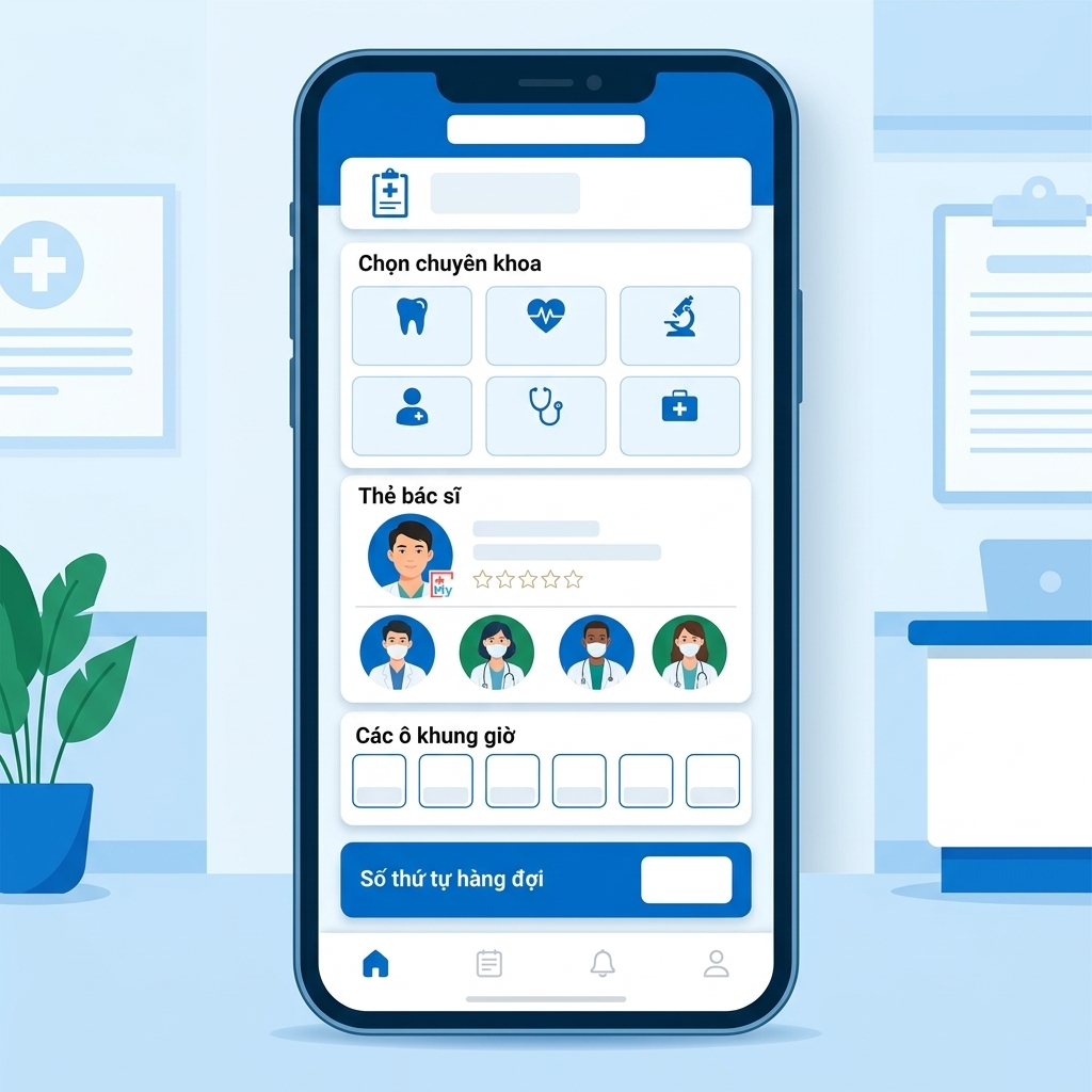 Màn hình app chọn bác sĩ và khung giờ trống