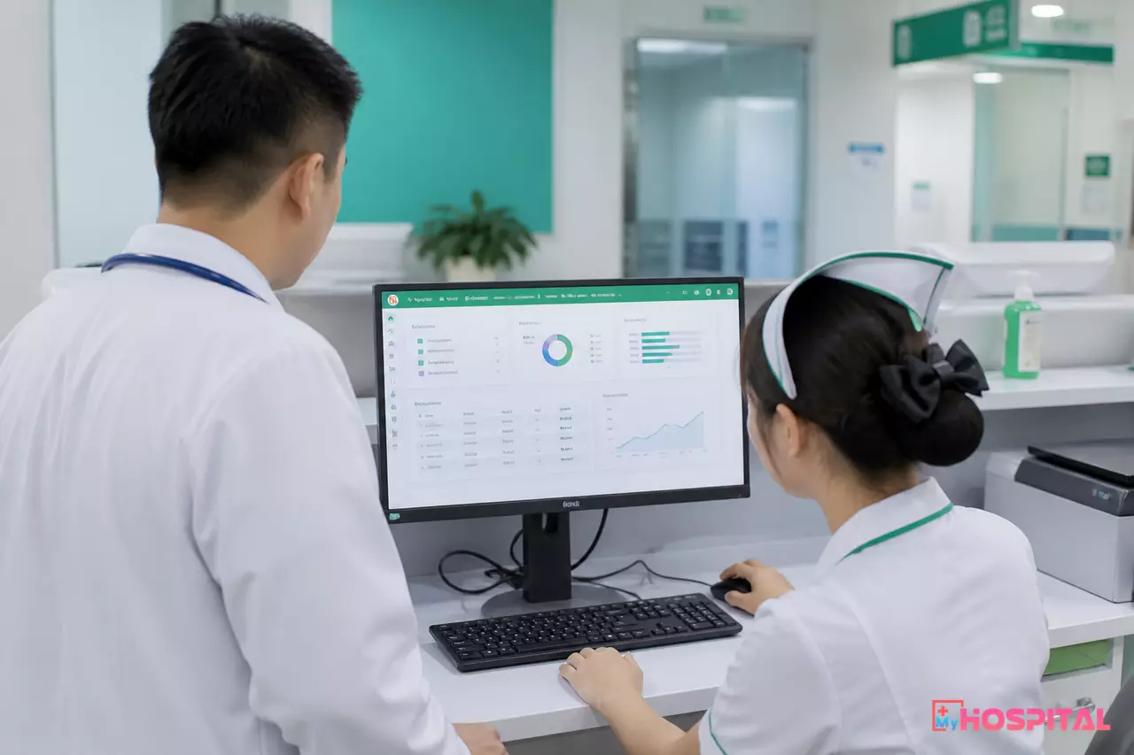 Bác sĩ chọn thuốc từ danh mục dược trên màn hình y lệnh điện tử, điều dưỡng đứng bên cạnh quan sát