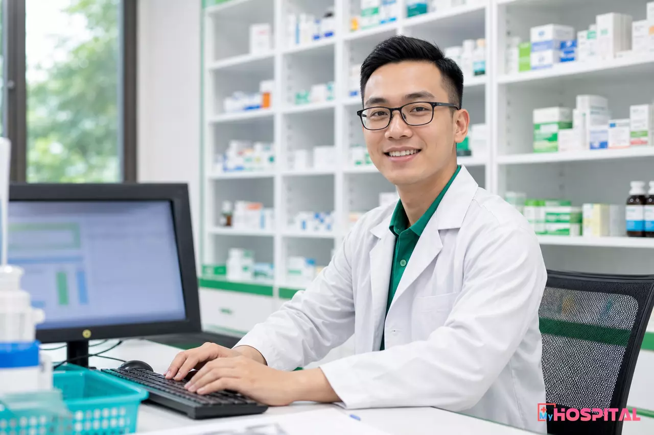 Dược sĩ nhà thuốc bệnh viện thao tác máy tính chuẩn bị kết nối dữ liệu dược quốc gia