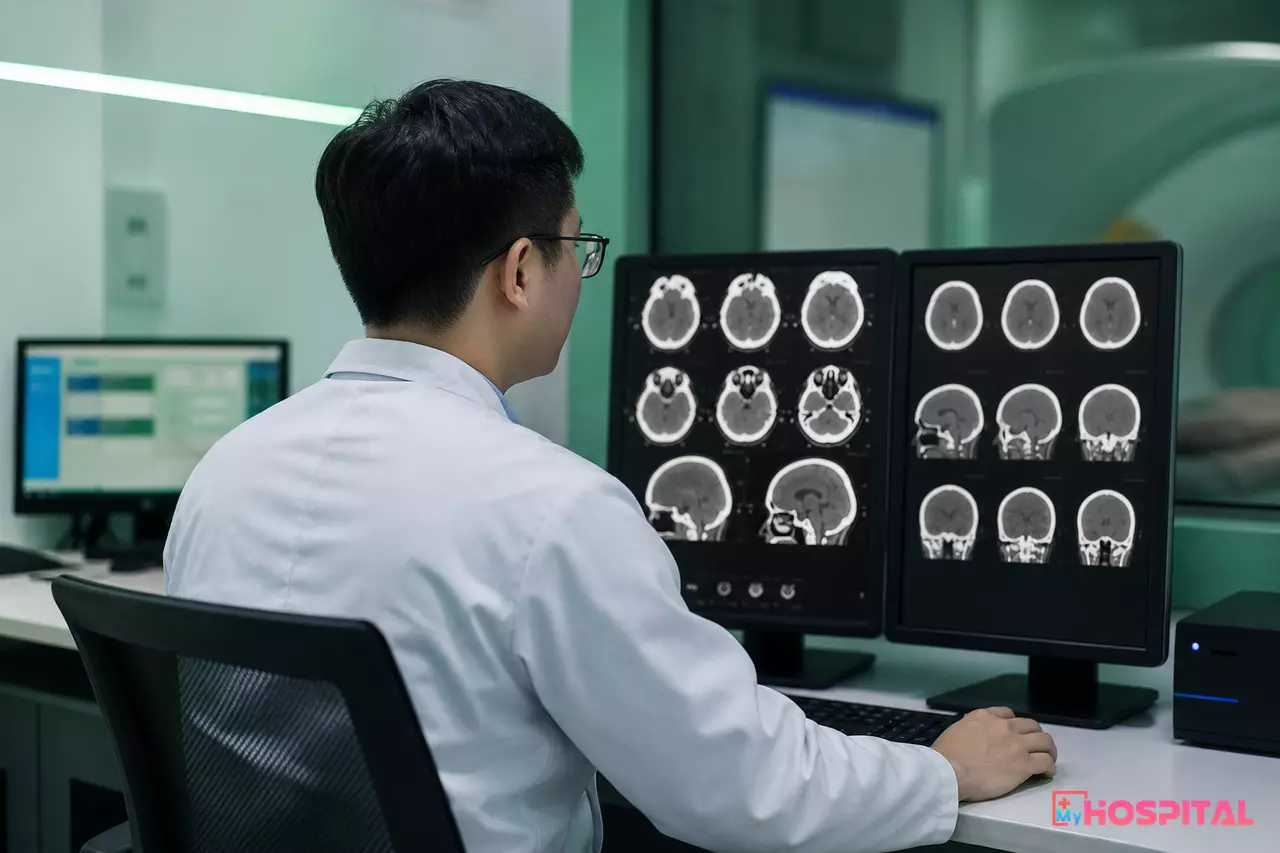 Bác sĩ chẩn đoán hình ảnh xem lát cắt CT trên màn hình chuyên dụng trong phòng đọc phim
