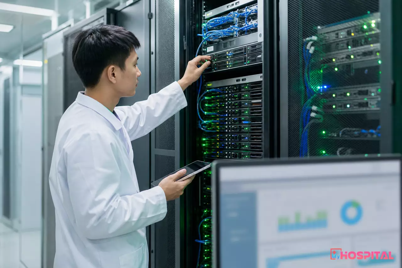 Kỹ sư IT kiểm tra tủ máy chủ lưu trữ ảnh y tế trong phòng máy của bệnh viện