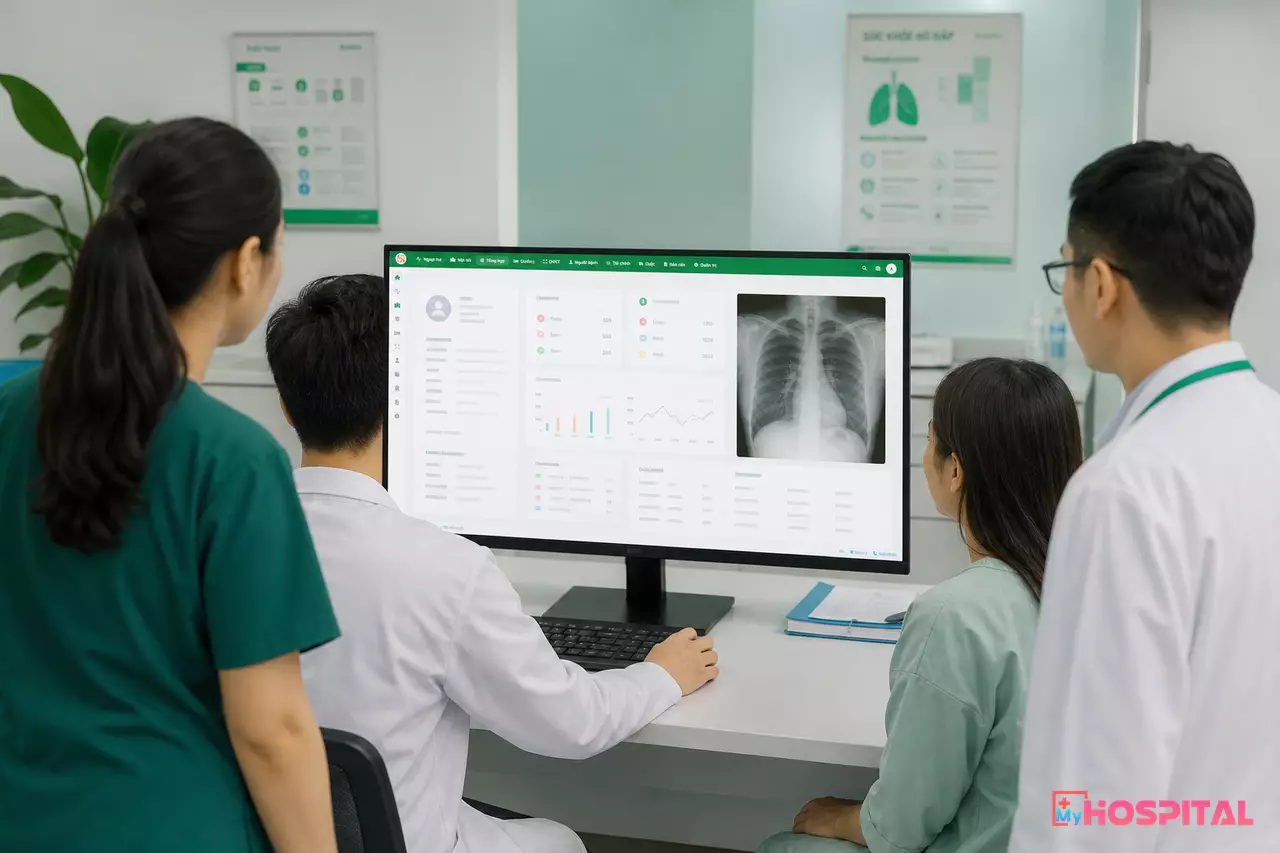 Bác sĩ và điều dưỡng cùng xem ảnh X-quang phổi của người bệnh ngay trên hồ sơ điện tử tại phòng khám