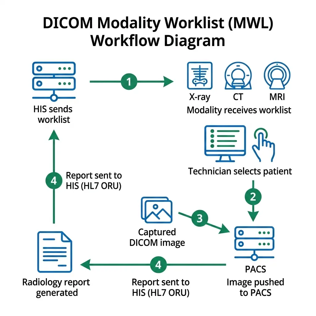 Luồng DICOM Modality Worklist từ HIS tới máy chụp X-quang CT MRI và trả kết quả về qua HL7 ORU
