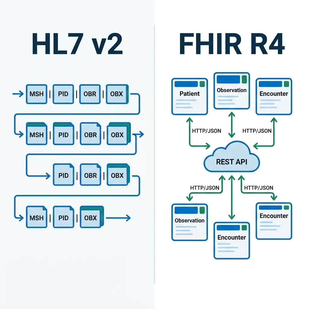 Sơ đồ so sánh kiến trúc HL7 v2 pipe-delimited và FHIR R4 REST API trong hệ thống thông tin bệnh viện