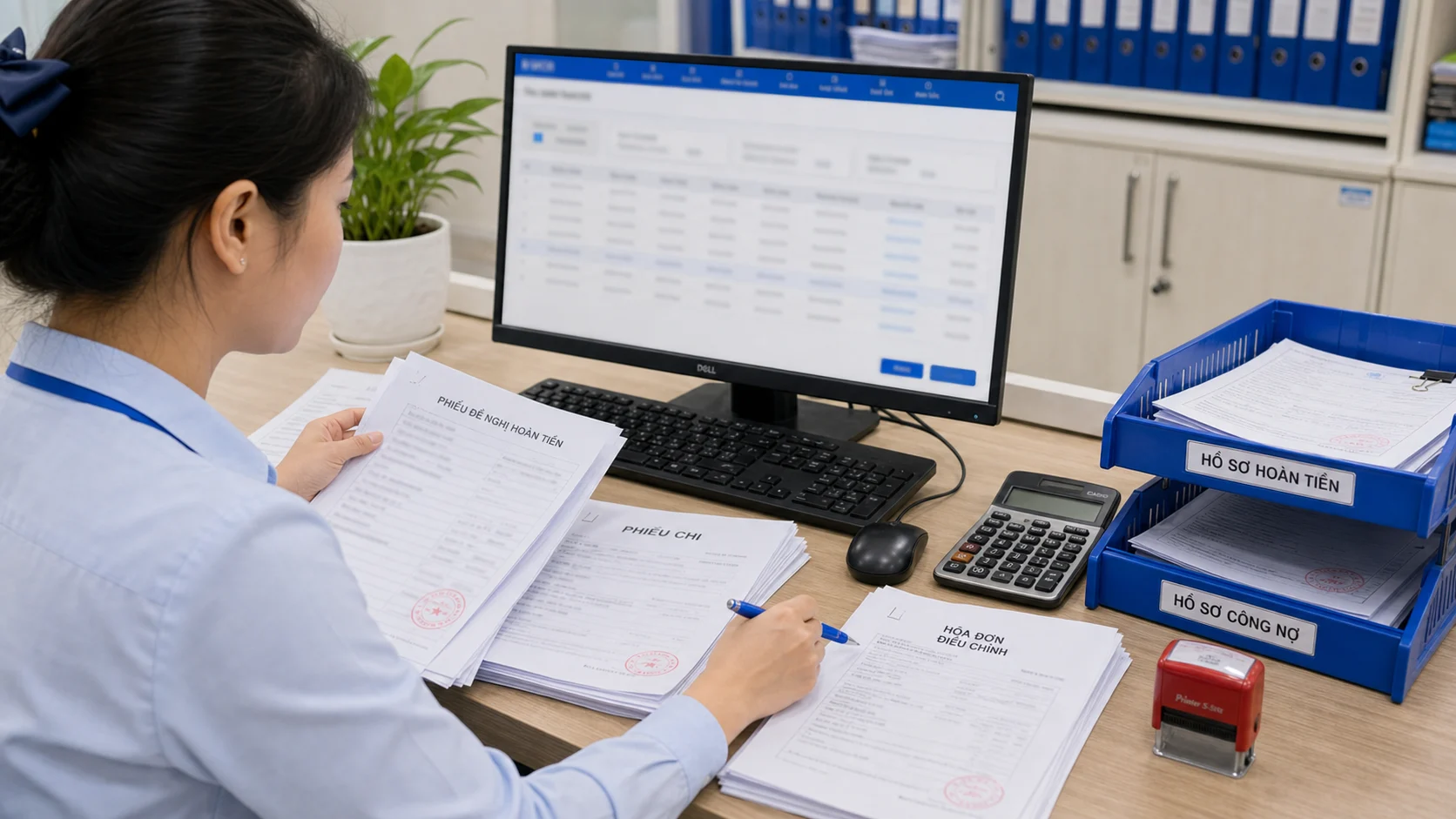 Bộ chứng từ hoàn tiền viện phí trên bàn kế toán viện phí