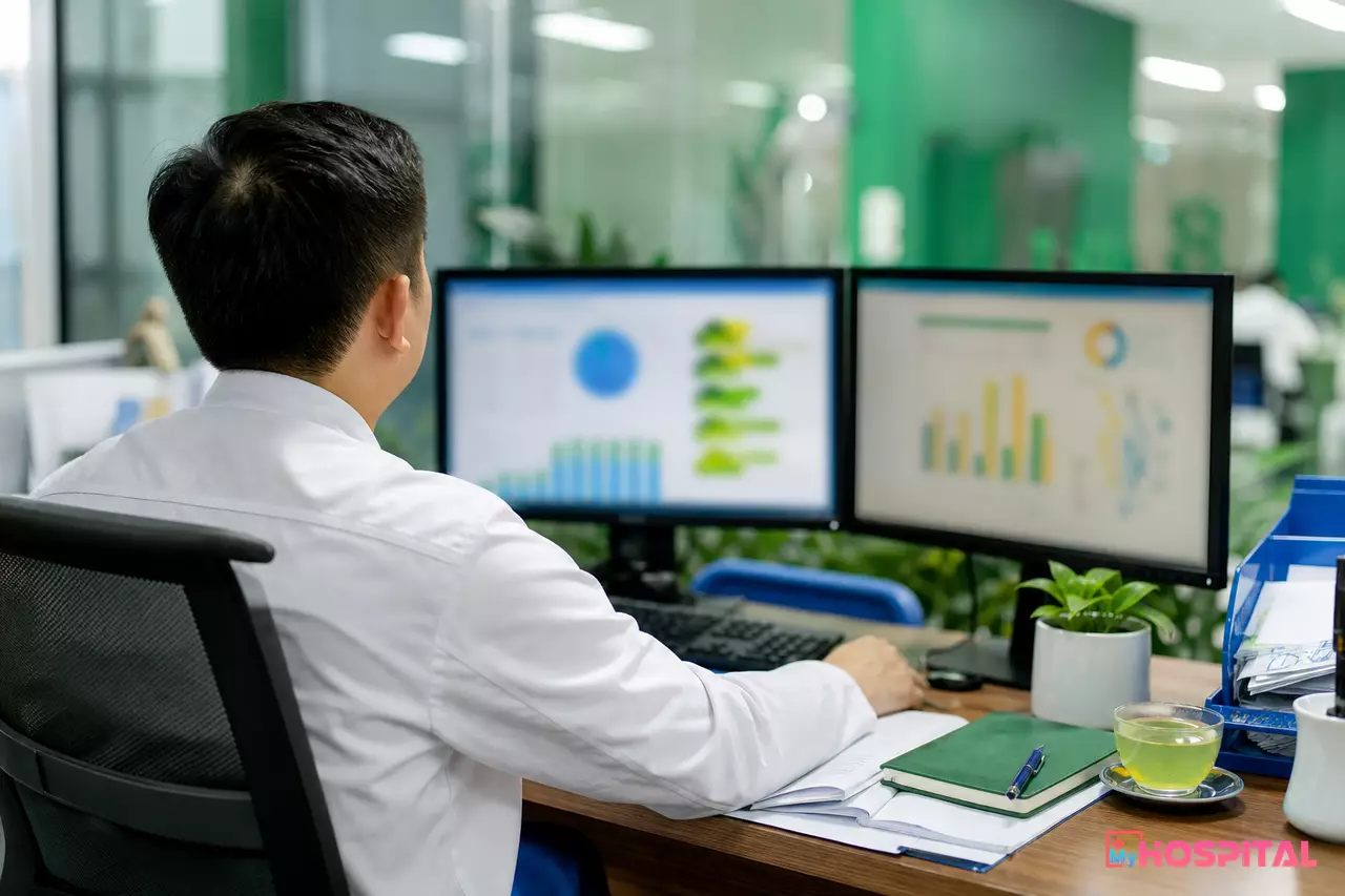 Cán bộ phòng kế hoạch tổng hợp rà soát chuỗi số liệu lượt khám theo ngày trên hai màn hình