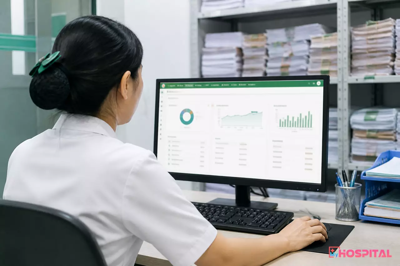 Nhân viên bệnh viện ngồi trước máy tính cạnh giá kệ hồ sơ bệnh án giấy