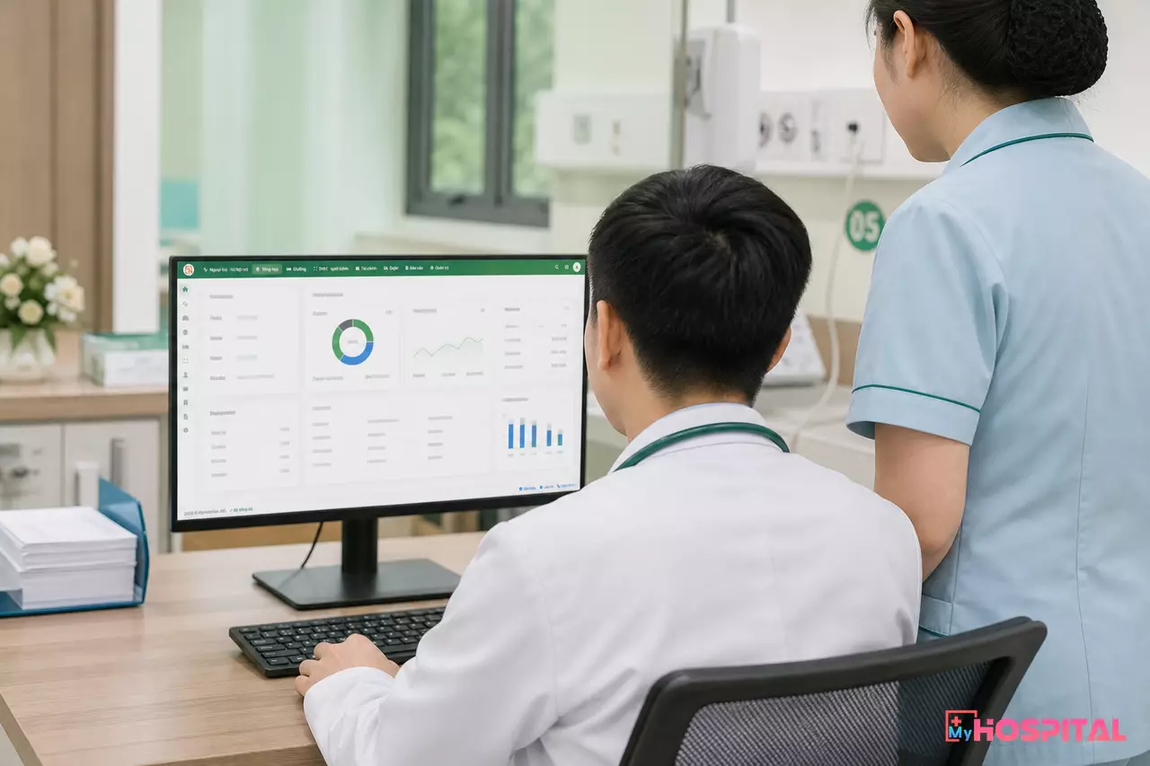 Bác sĩ và điều dưỡng sử dụng phần mềm bệnh viện trong buổi thí điểm tại khoa
