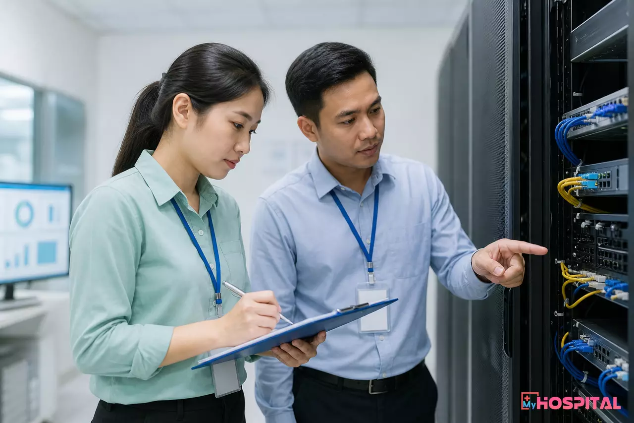 Cán bộ phòng Kế hoạch tổng hợp khảo sát hiện trạng hạ tầng CNTT của bệnh viện