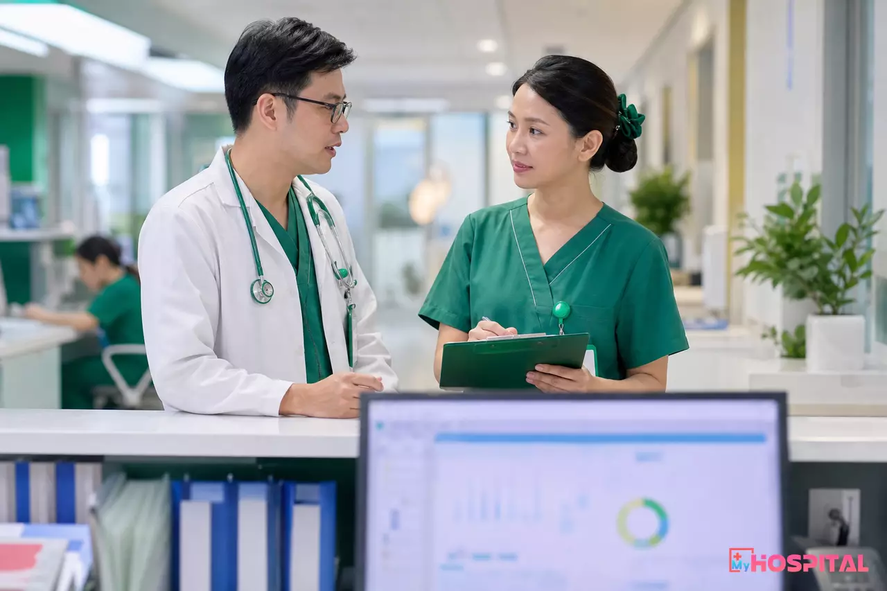 Bác sĩ và điều dưỡng trưởng trao đổi bàn giao người bệnh tại quầy điều dưỡng