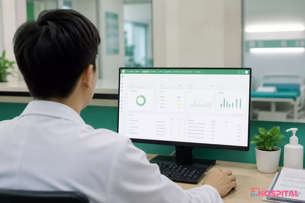 Bác sĩ nhìn từ phía sau lưng xem hồ sơ người bệnh trên phần mềm quản lý bệnh viện