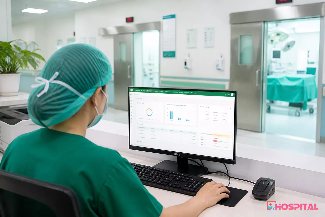 Điều dưỡng trưởng phòng mổ theo dõi lịch mổ trong ngày trên máy tính ở khu điều phối phẫu thuật