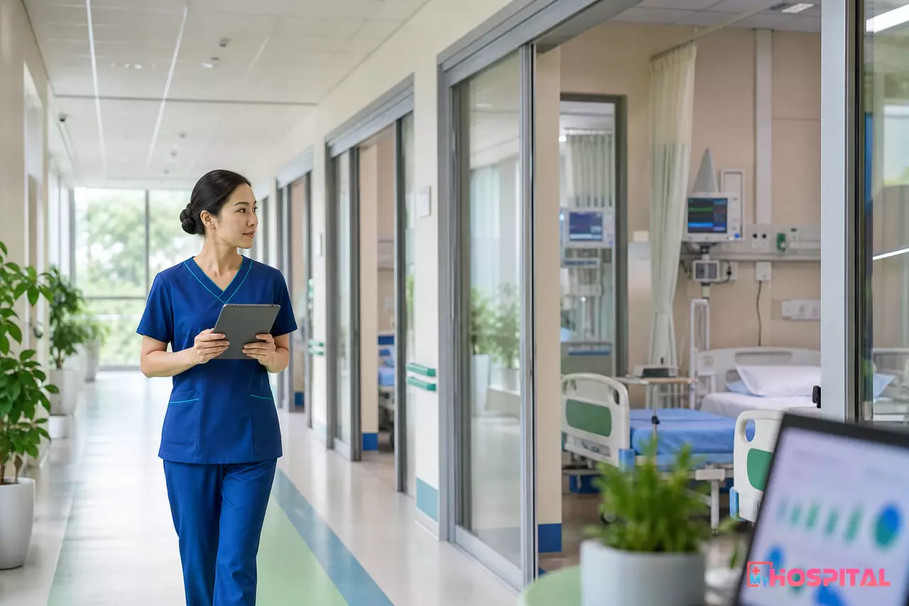 Điều dưỡng trưởng cầm máy tính bảng đi dọc hành lang khoa nội trú để rà công suất sử dụng giường bệnh