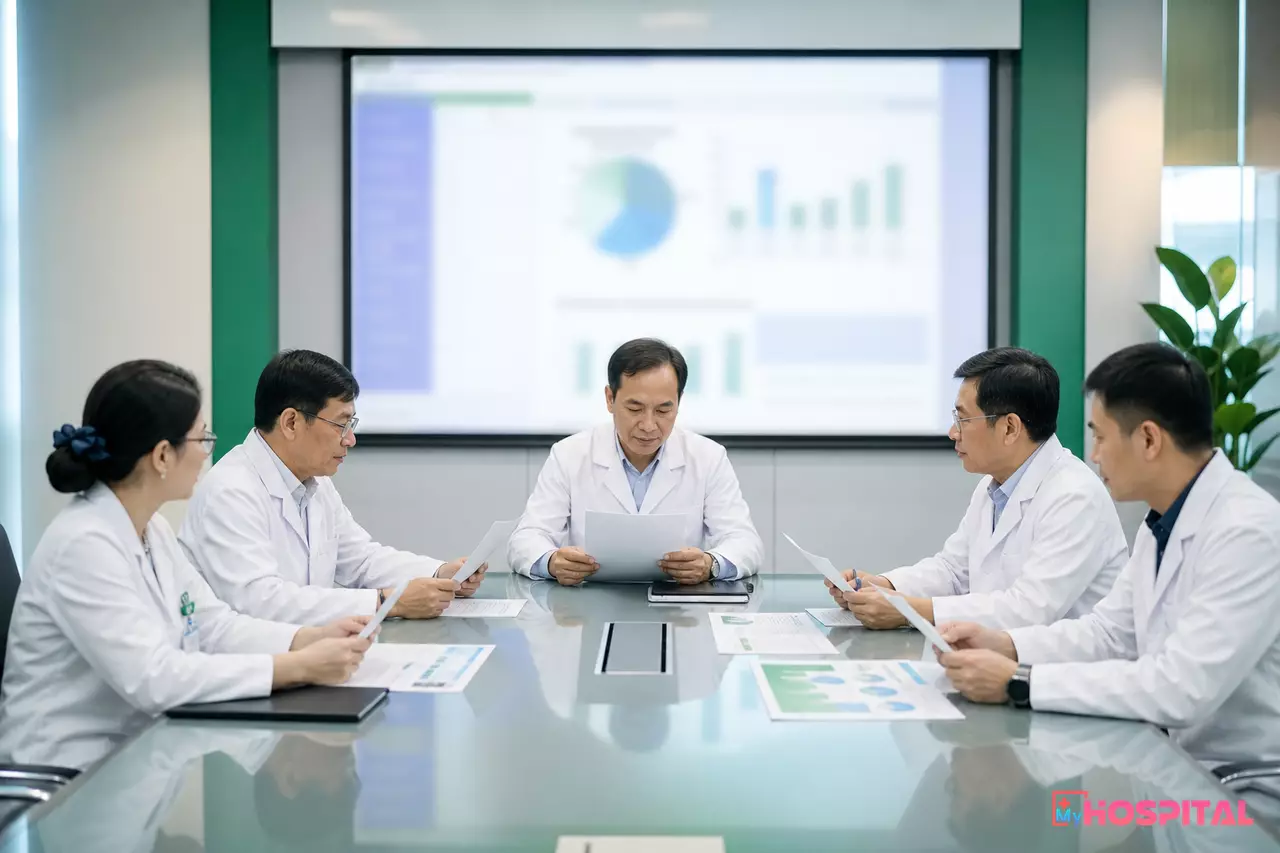 Ban giám đốc và các trưởng khoa trao đổi số liệu công suất giường trong buổi giao ban