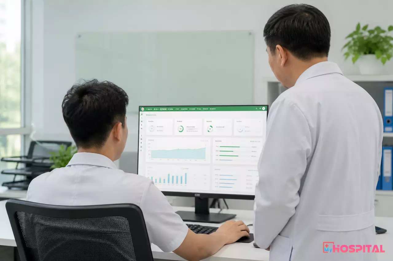 Phòng kế hoạch tổng hợp xem số liệu công suất giường của các khoa trên màn hình máy tính
