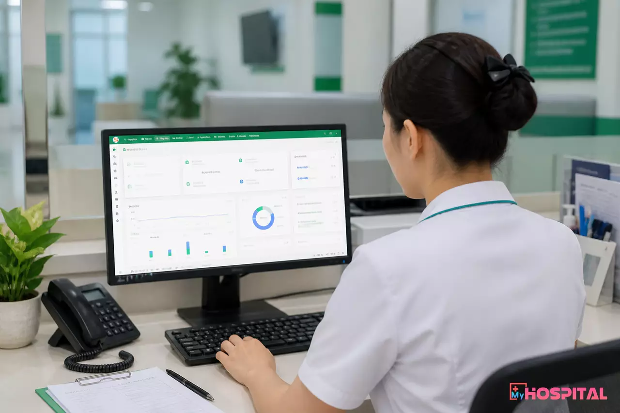 Nhân viên phòng khám đa khoa nhìn từ sau lưng đang thao tác trên máy tính để bàn tại quầy làm việc