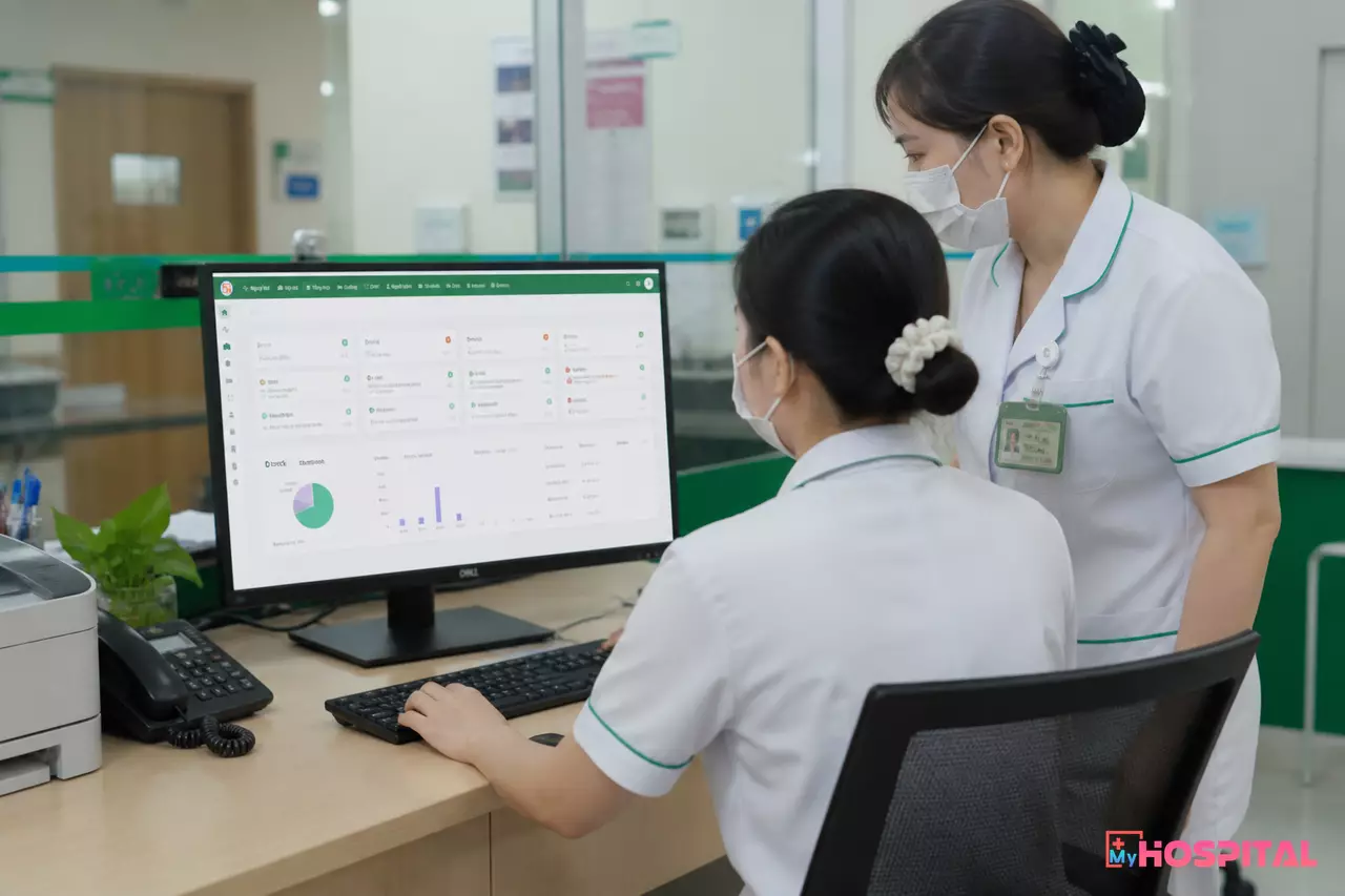 Điều dưỡng hành chính cập nhật danh sách chờ giường điện tử tại bàn trực khoa nội trú