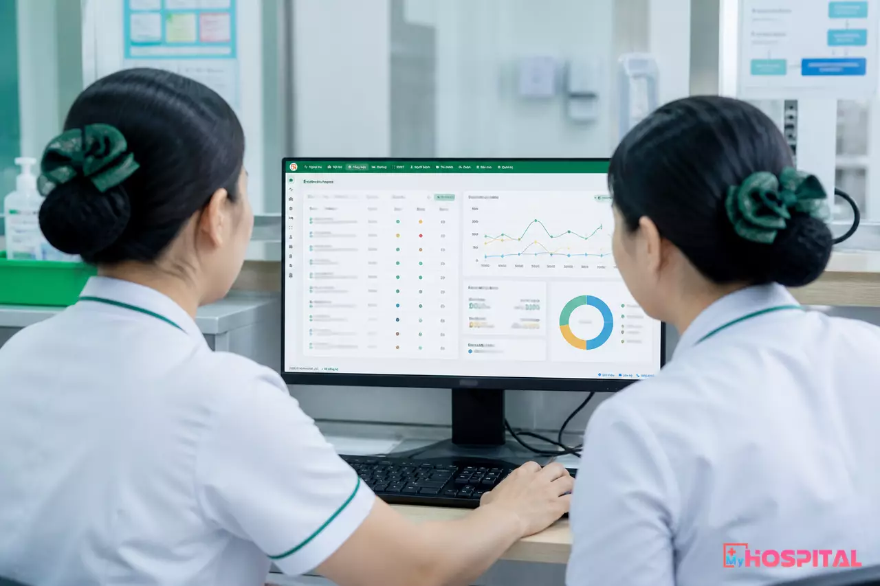 Điều dưỡng xem danh sách ưu tiên trên máy tính ở trạm điều dưỡng
