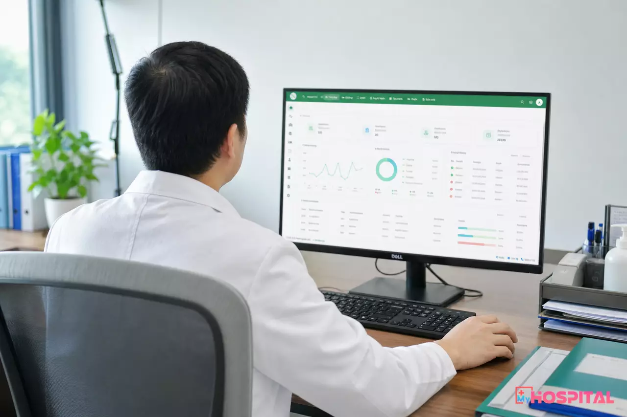Phó giám đốc chuyên môn xem bảng điều khiển cơ cấu bệnh tật trên phần mềm MyHospital
