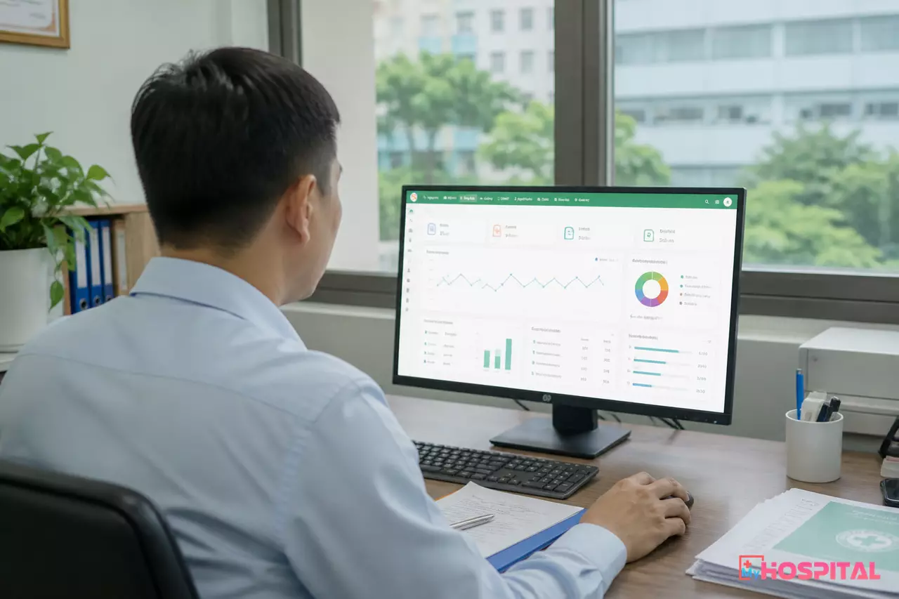 Giám đốc bệnh viện xem bảng điều khiển dự báo lượt khám trên máy tính