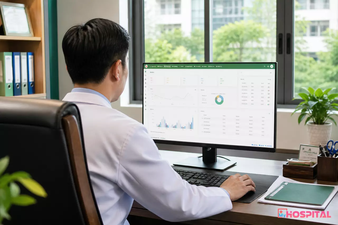 Giám đốc bệnh viện xem số liệu điều hành trên màn hình máy tính tại văn phòng