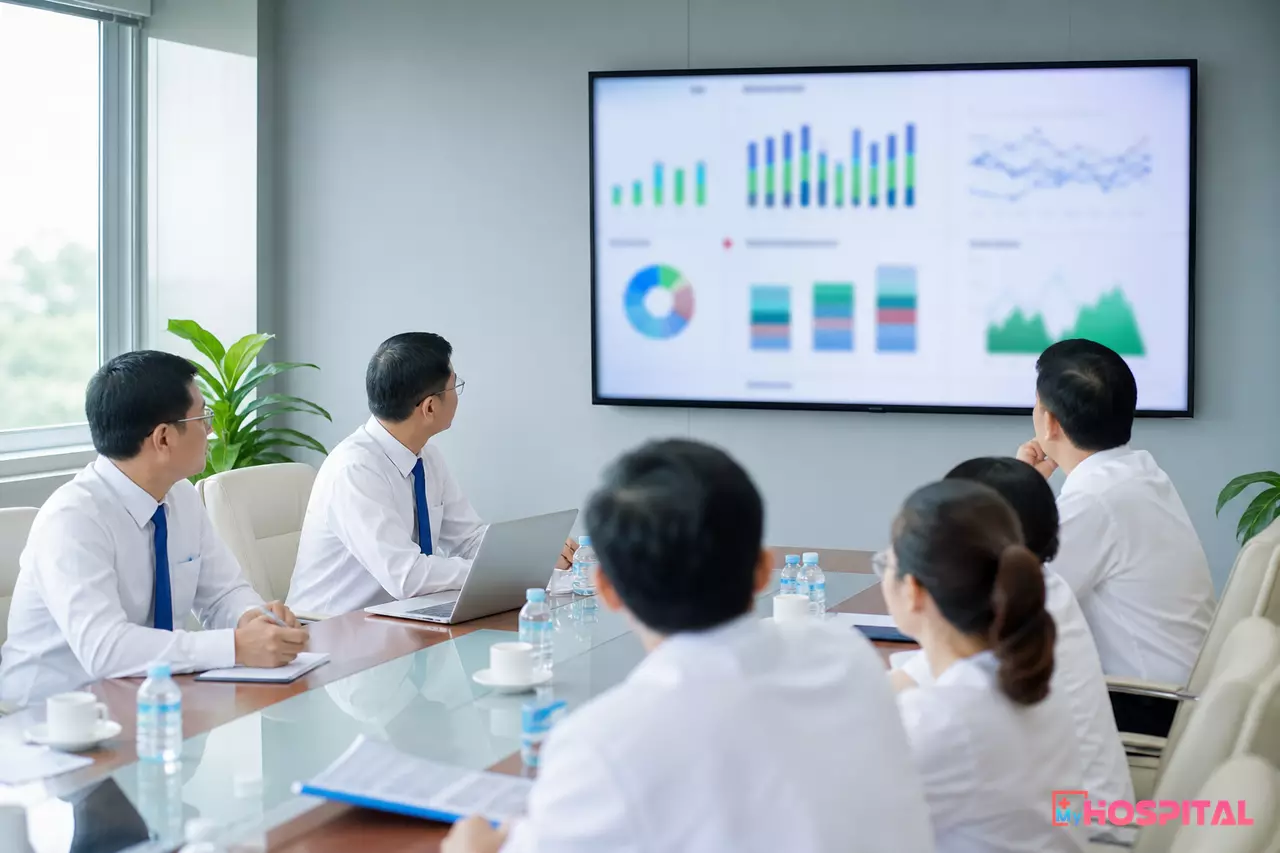 Ban giám đốc bệnh viện họp trước màn hình lớn hiển thị biểu đồ dashboard quản trị