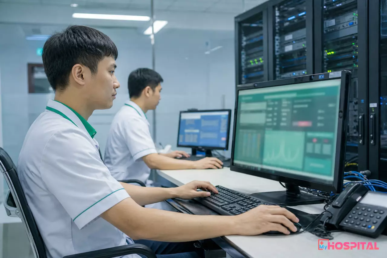 Kỹ sư công nghệ thông tin bệnh viện làm việc cạnh tủ máy chủ