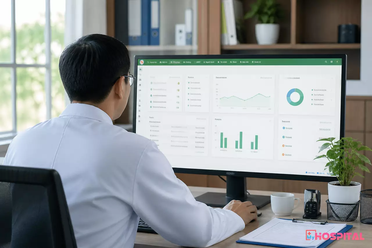 Giám đốc bệnh viện xem màn hình dashboard quản trị trong văn phòng