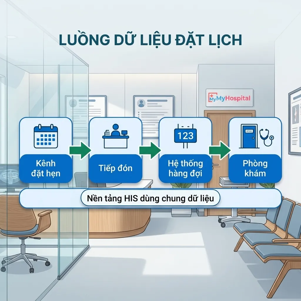 Sơ đồ luồng dữ liệu đặt lịch khám online chảy vào tiếp đón, hệ thống hàng đợi và phòng khám trên nền HIS