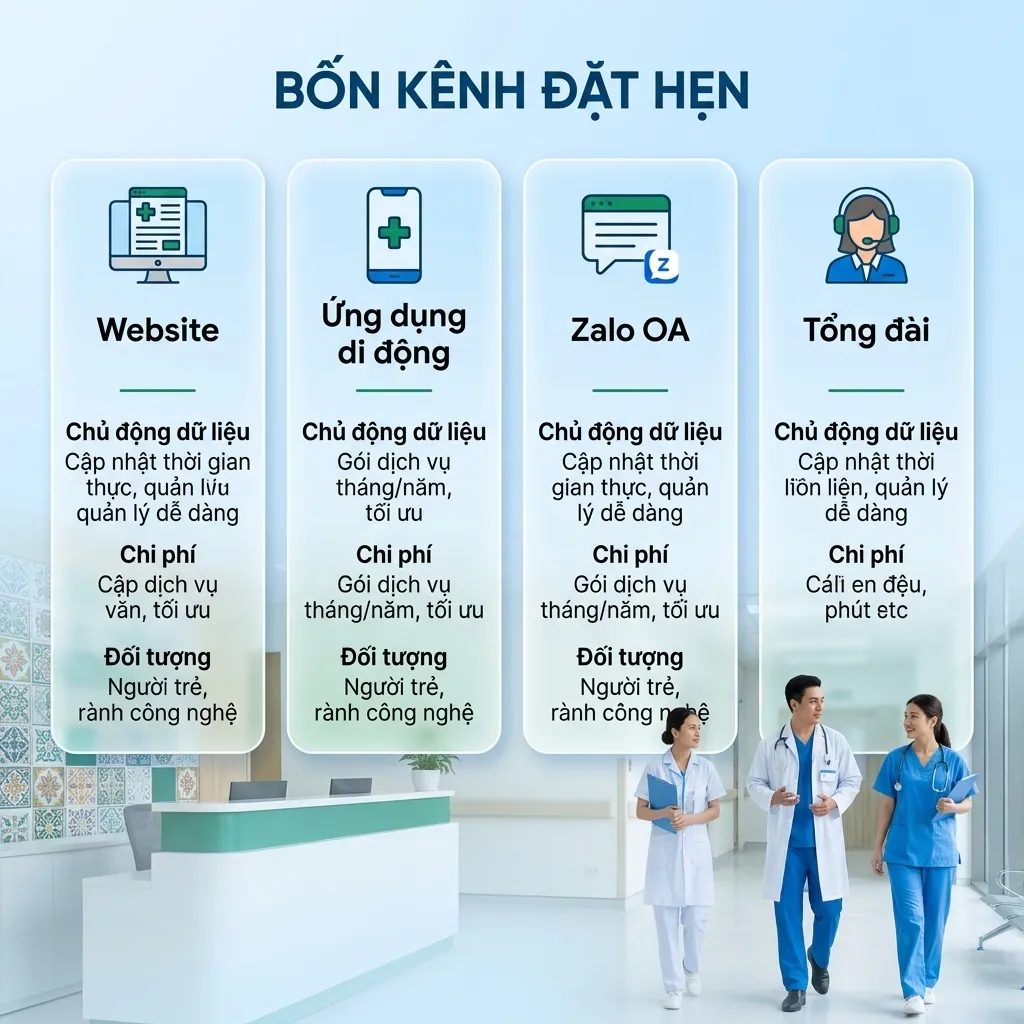 So sánh bốn kênh đặt lịch khám online: website, ứng dụng di động, Zalo OA và tổng đài đặt hẹn