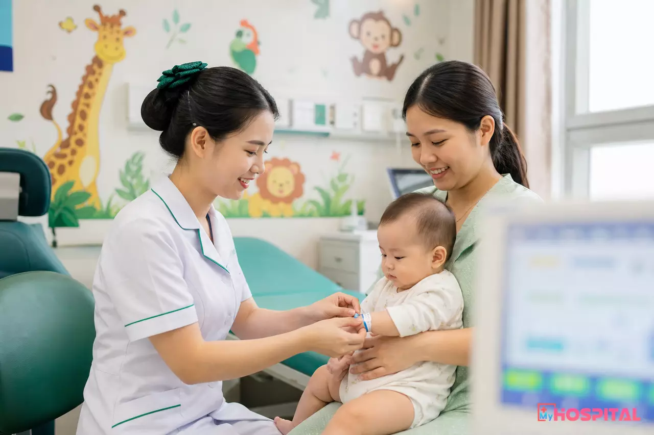 Điều dưỡng đeo vòng tay định danh cho em bé tại phòng khám nhi, người mẹ đứng cạnh quan sát