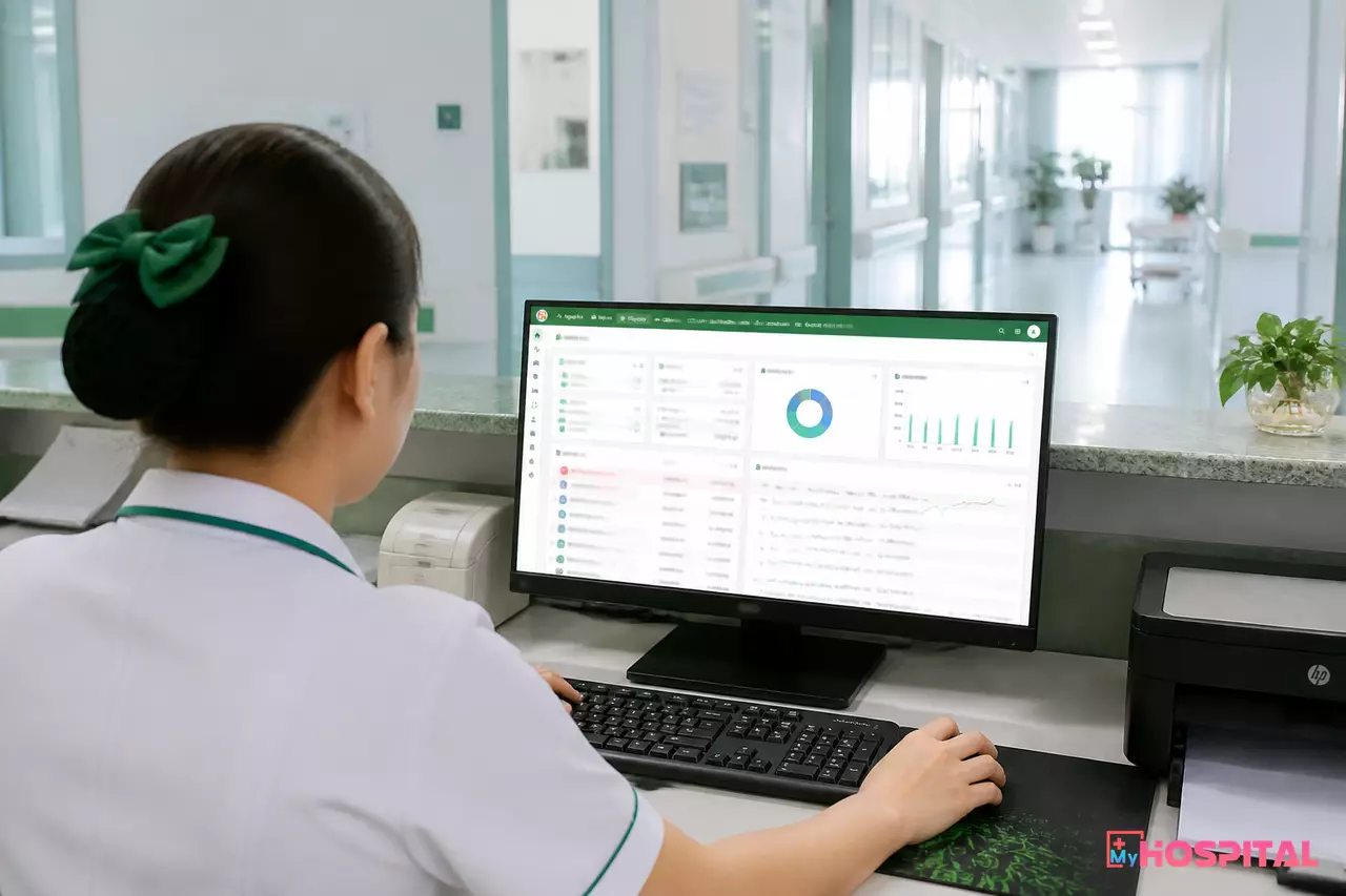 Điều dưỡng làm việc tại trạm điều dưỡng khoa nội trú trên hệ thống quản lý