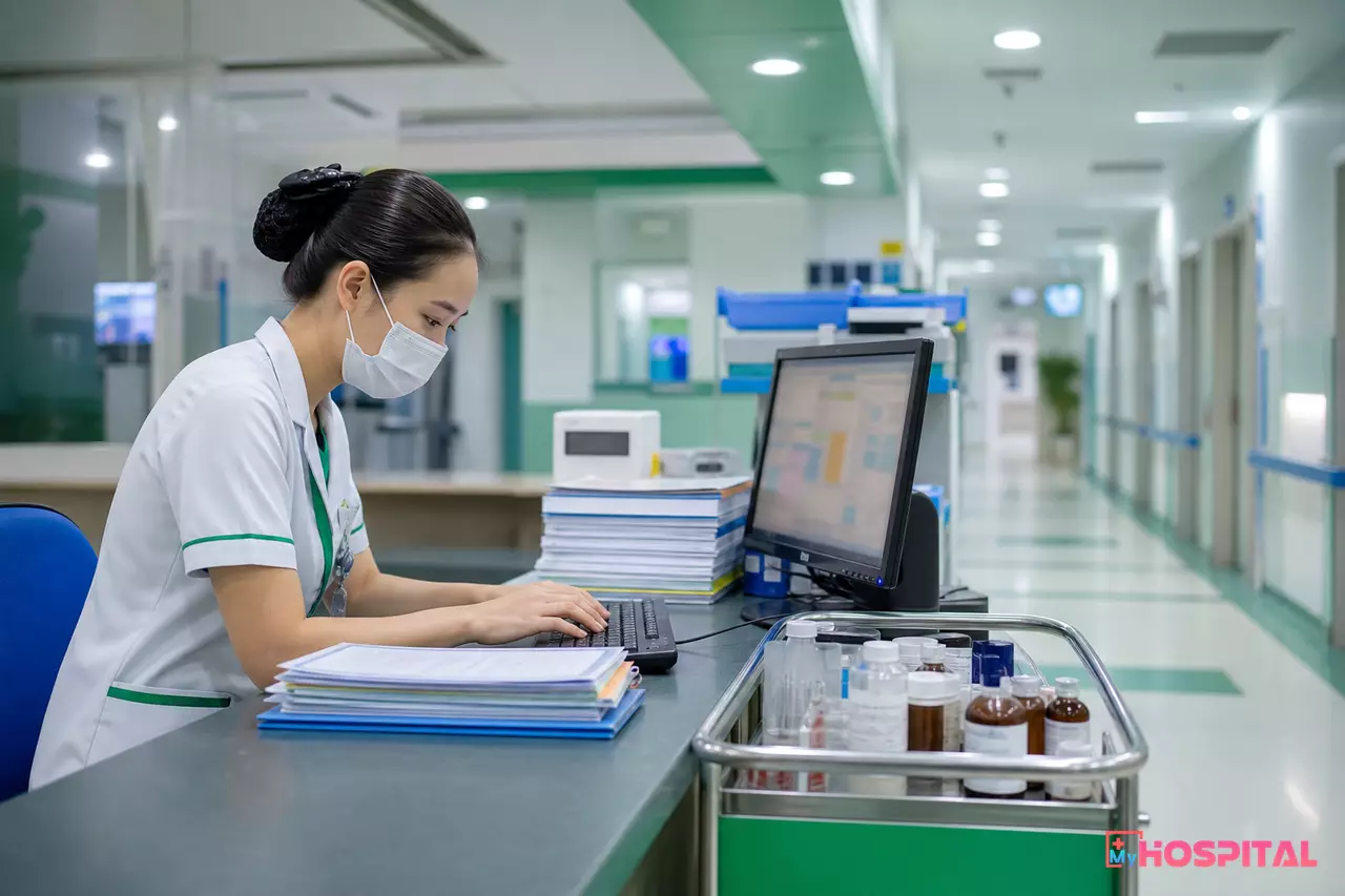 Điều dưỡng gõ phiếu chăm sóc ở trạm điều dưỡng cuối ca trực