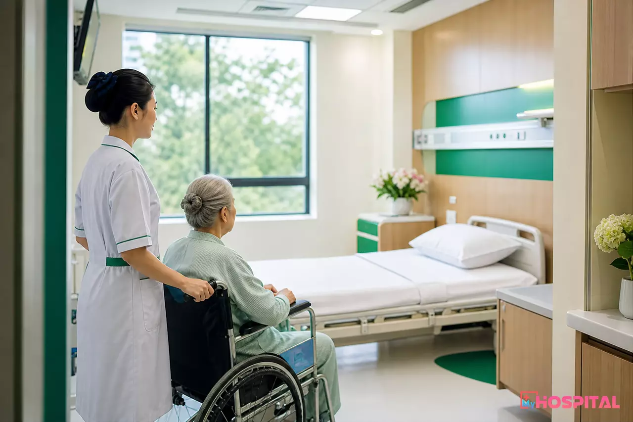 Điều dưỡng dẫn người bệnh mới nhập viện vào phòng bệnh đã chuẩn bị sẵn