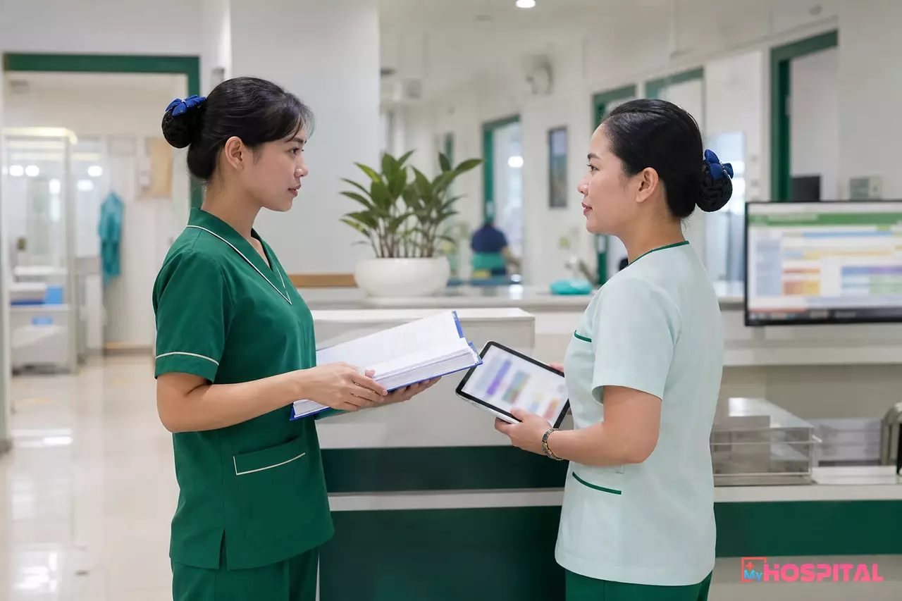 Điều dưỡng nhận ca và bàn giao người bệnh tại trạm điều dưỡng