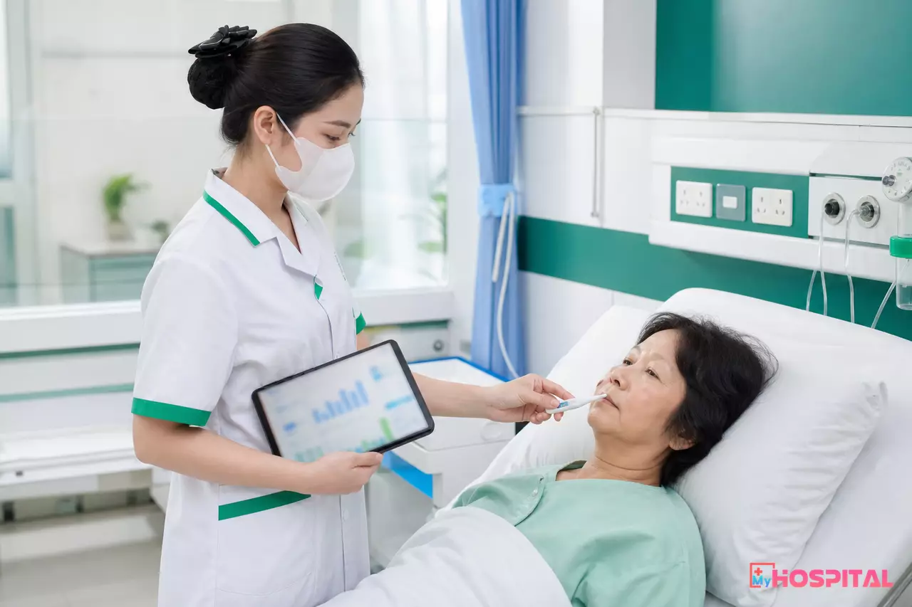Điều dưỡng cầm máy tính bảng nhập nhiệt độ tại giường người bệnh nội trú