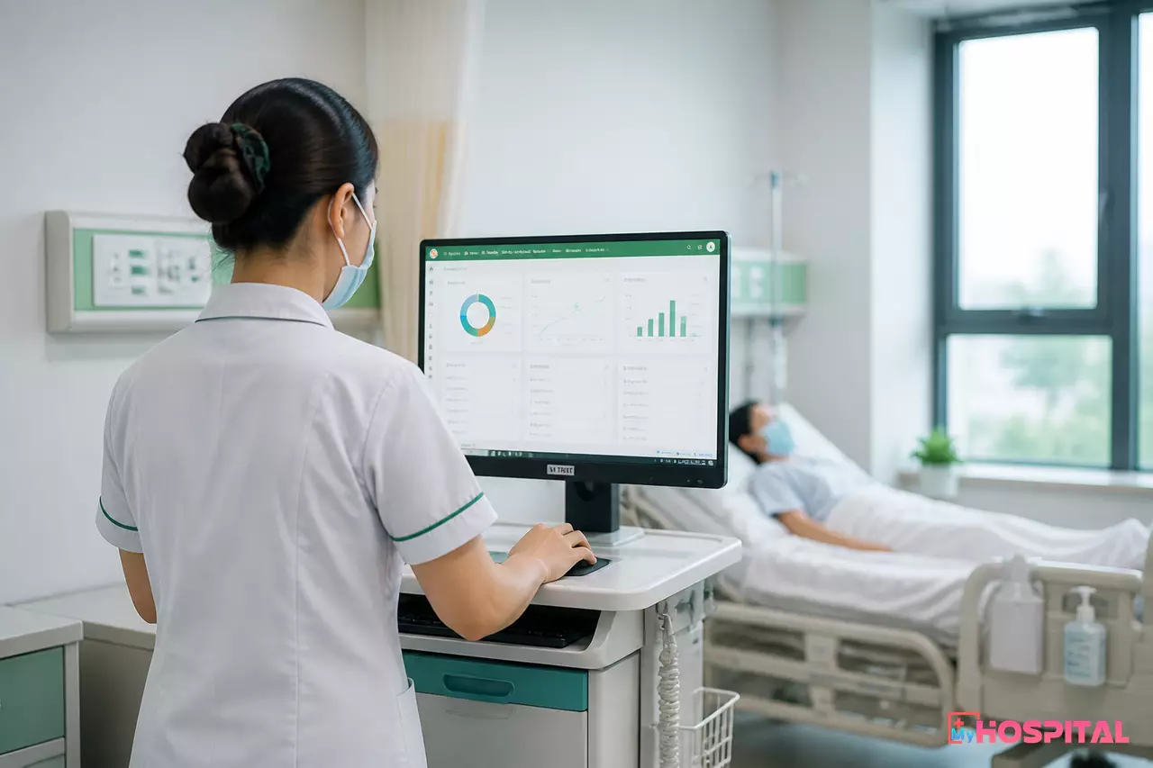Điều dưỡng nhập dữ liệu tại xe đẩy máy tính trong buồng bệnh nội trú