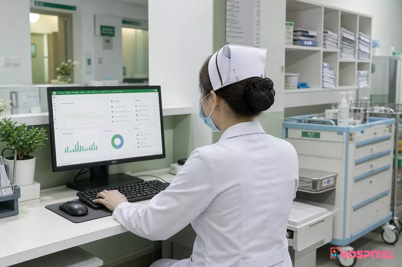 Điều dưỡng ngồi tại trạm điều dưỡng nhập phiếu chăm sóc vào máy tính cuối ca trực