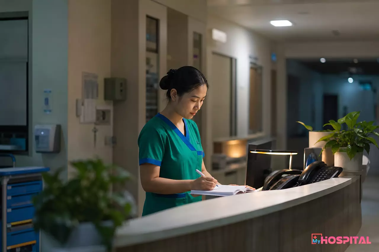 Điều dưỡng kiểm tra giường bệnh trống vào ban đêm tại trạm điều dưỡng khoa nội trú