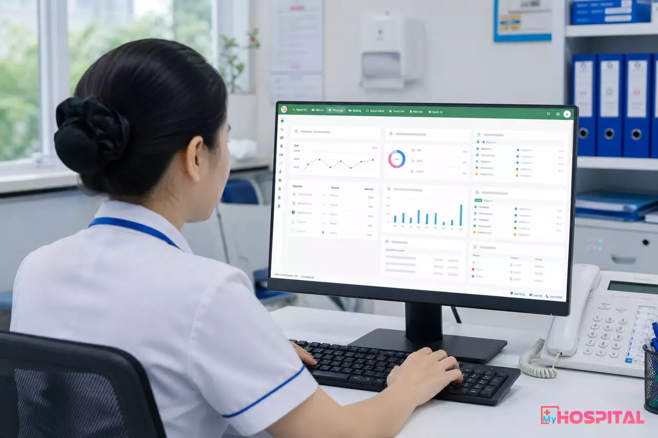 Điều dưỡng trưởng xem chỉ số công suất giường trên máy tính tại trạm điều dưỡng