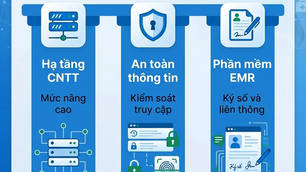 Danh mục ba trụ cột điều kiện triển khai bệnh án điện tử gồm hạ tầng, bảo mật và phần mềm đạt mức nâng cao