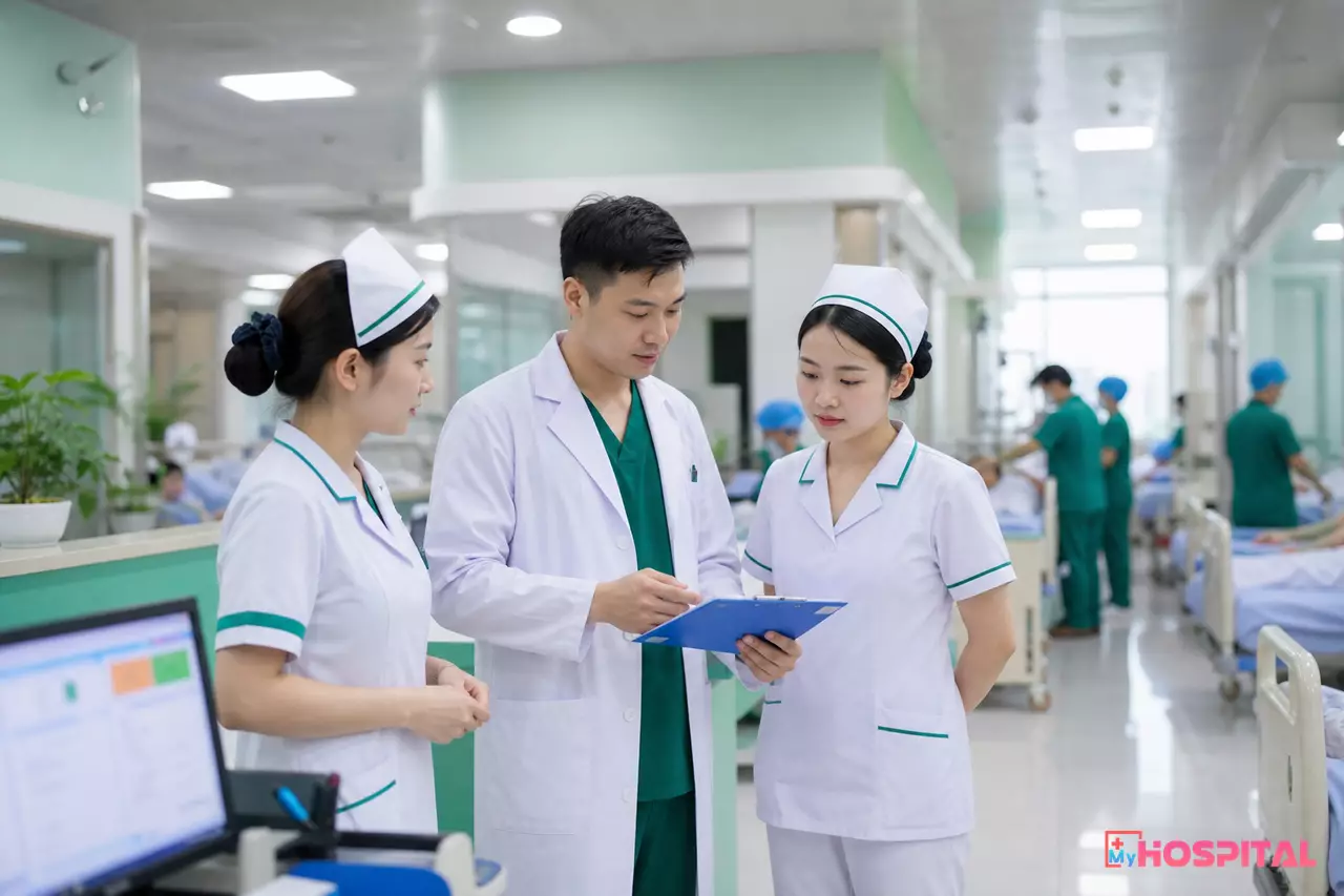 Điều dưỡng và bác sĩ trao đổi điều phối giường tại hành lang khoa nội trú